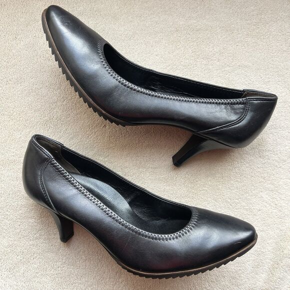 Paul Green Black Leather Heels‎ Pumps Women UK 6.5 US 8.5 Lug Sole Work Classic